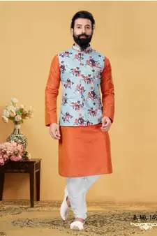 multicolor silk plain stitched   kurta & pyjama with  coat