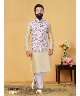 multicolor silk plain stitched   kurta & pyjama with  coat 1