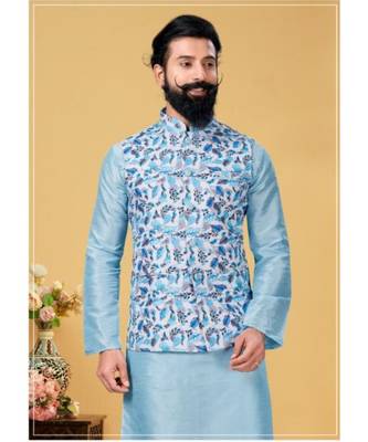 multicolor silk plain stitched   kurta & pyjama with  coat 1
