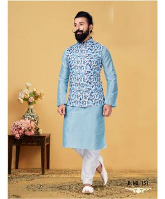 multicolor silk plain stitched   kurta & pyjama with  coat 2