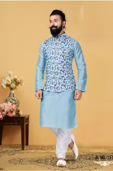 multicolor silk plain stitched   kurta & pyjama with  coat
