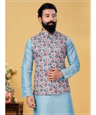 multicolor silk plain stitched   kurta & pyjama with  coat 1