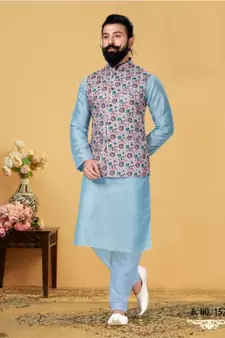 multicolor silk plain stitched   kurta & pyjama with  coat