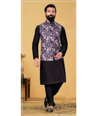 multicolor silk plain stitched   kurta & pyjama with  coat 1
