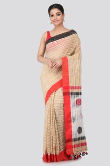 Beige cotton silk hand woven   saree