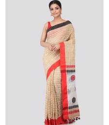 Beige cotton silk hand woven   saree