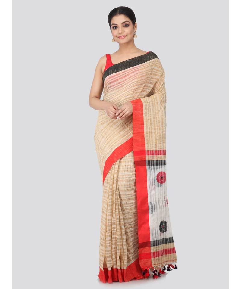 Beige cotton silk hand woven   saree