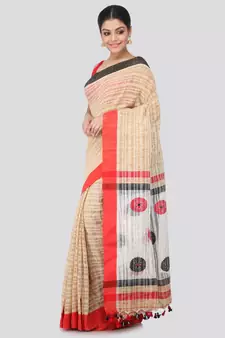 Beige cotton silk hand woven   saree