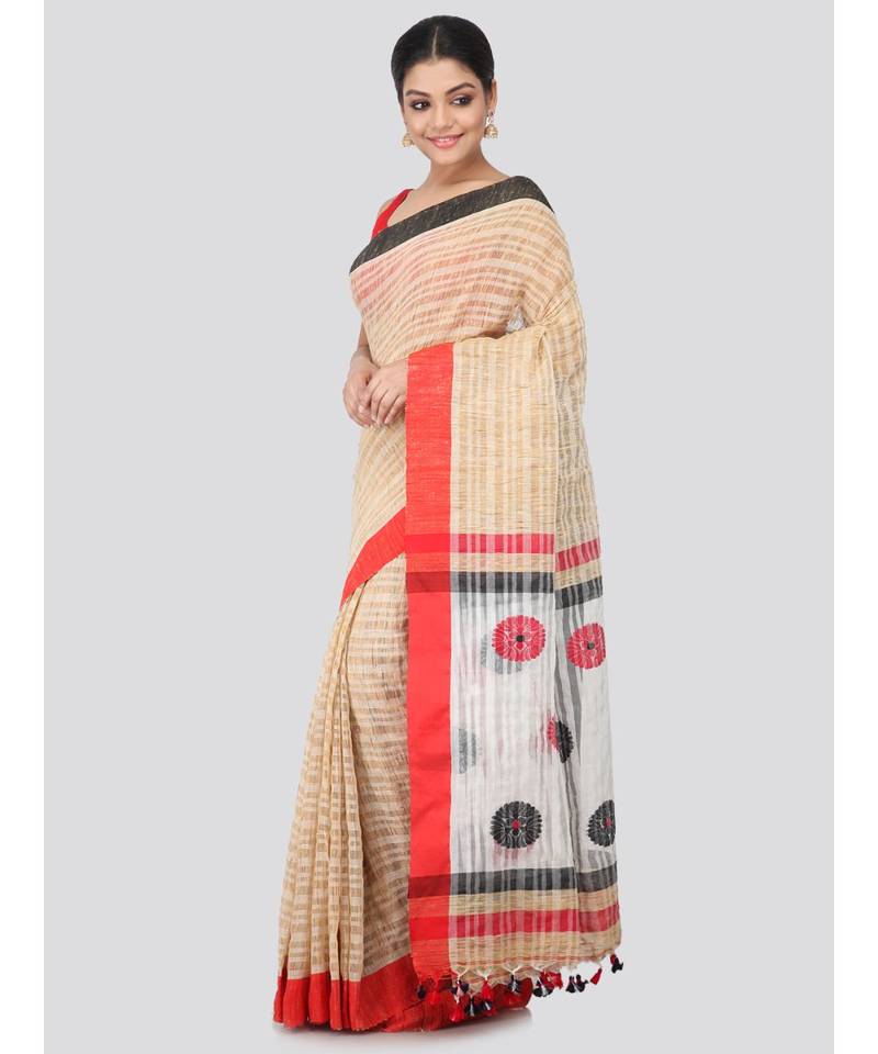 Beige cotton silk hand woven   saree