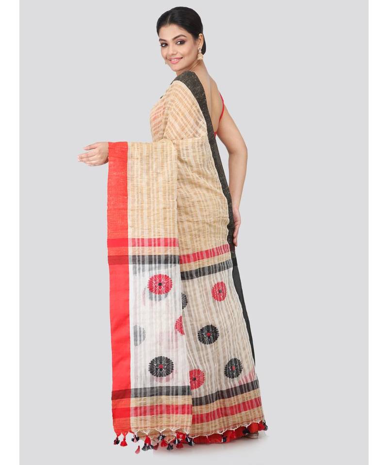 Beige cotton silk hand woven   saree