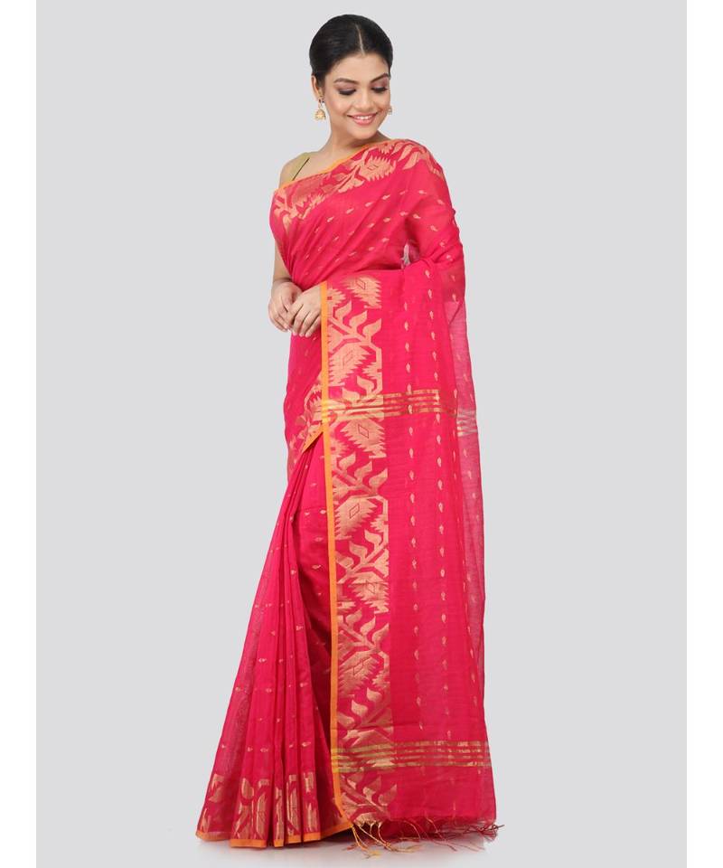 Pink cotton silk hand woven   saree