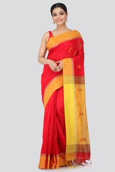 Red cotton silk hand woven   saree