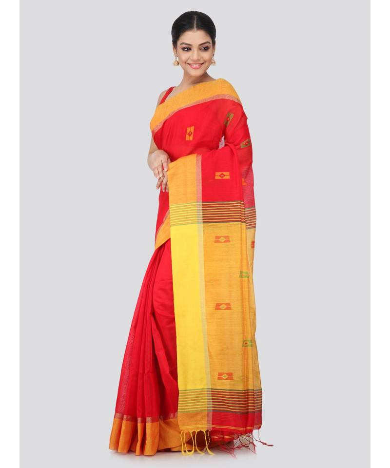Red cotton silk hand woven   saree