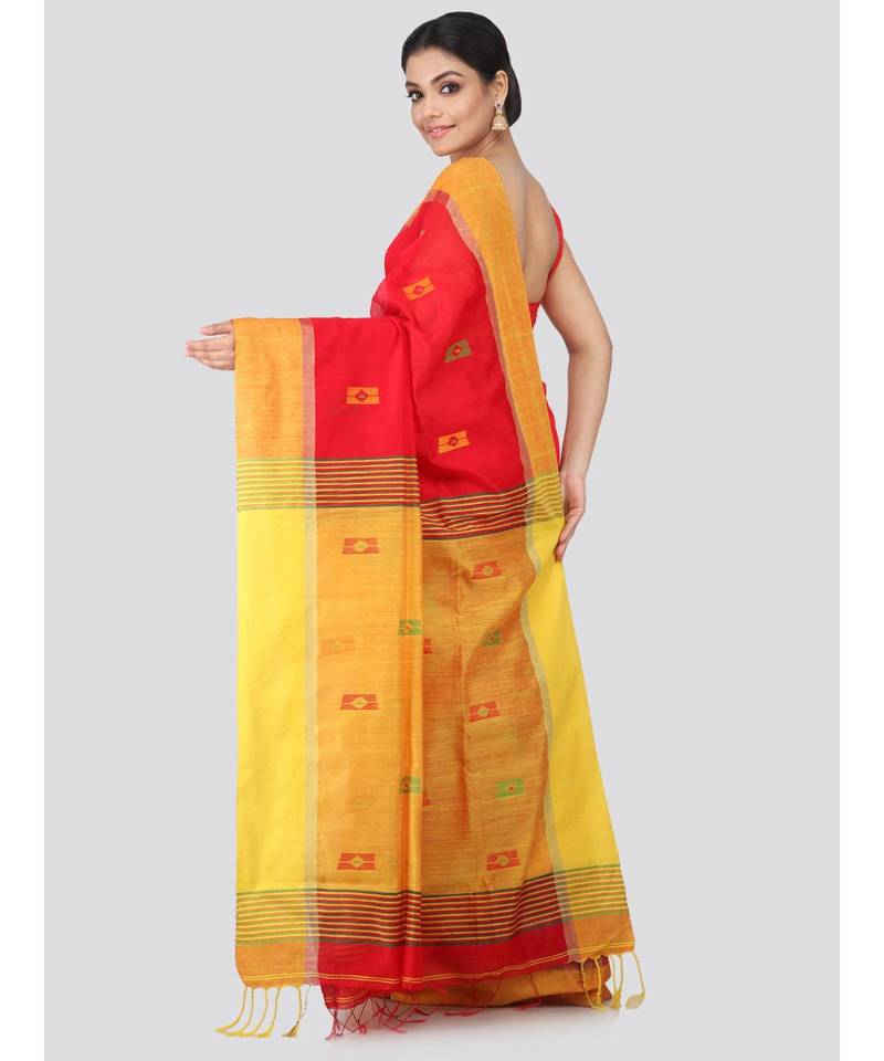Red cotton silk hand woven   saree