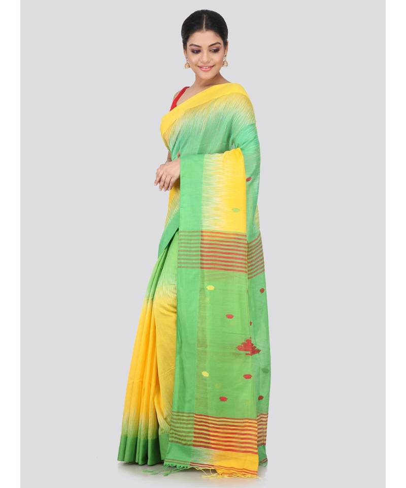 yellow cotton silk hand woven   saree