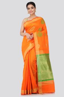 Orange cotton silk hand woven   saree