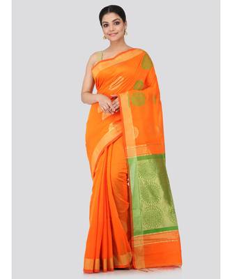 Orange cotton silk hand woven   saree 1