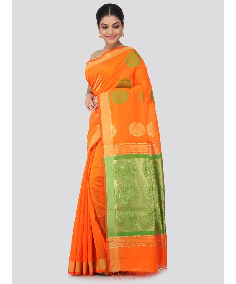 Orange cotton silk hand woven   saree