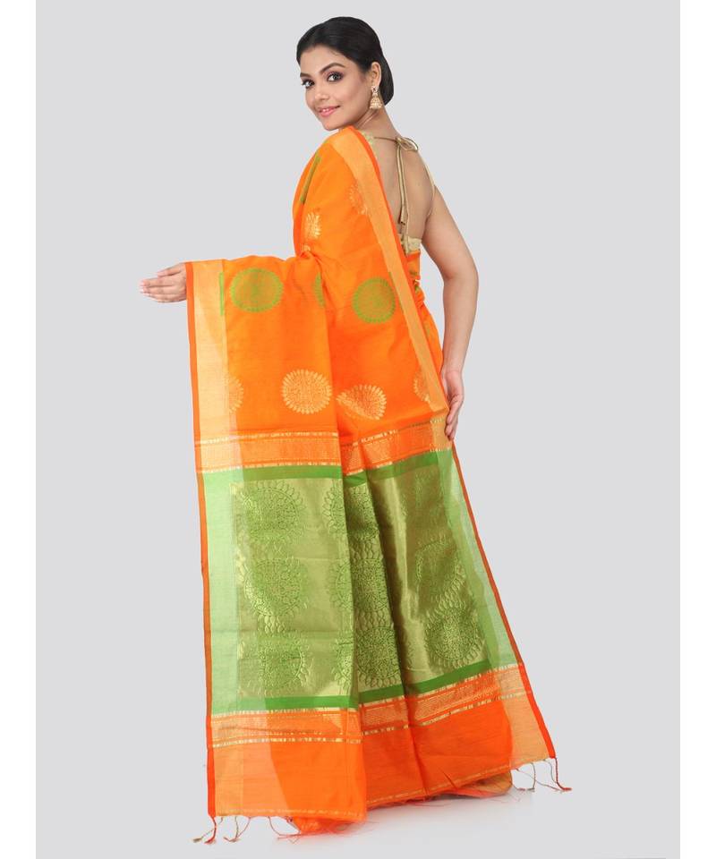Orange cotton silk hand woven   saree