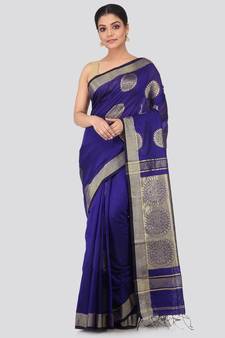 Blue cotton silk hand woven   saree