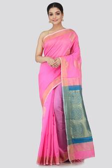 Pink cotton silk hand woven   saree