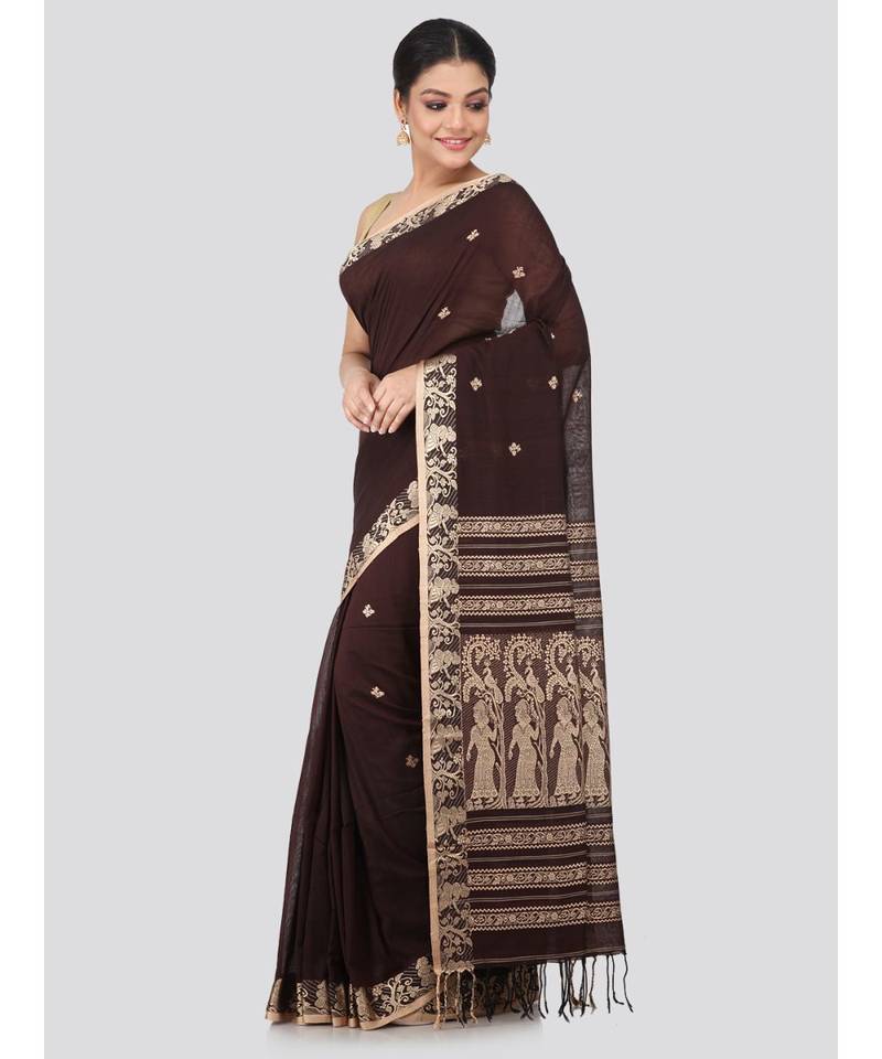 Brown cotton hand woven   saree