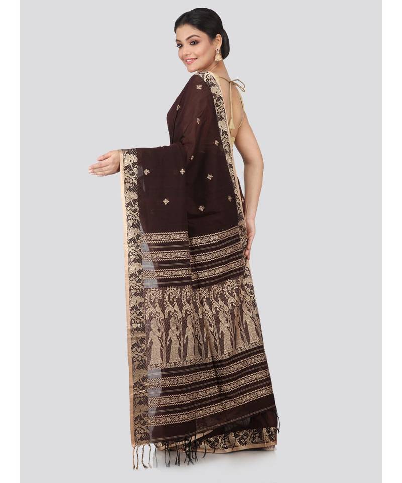 Brown cotton hand woven   saree
