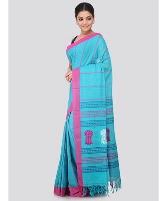 Blue cotton hand woven   saree 2
