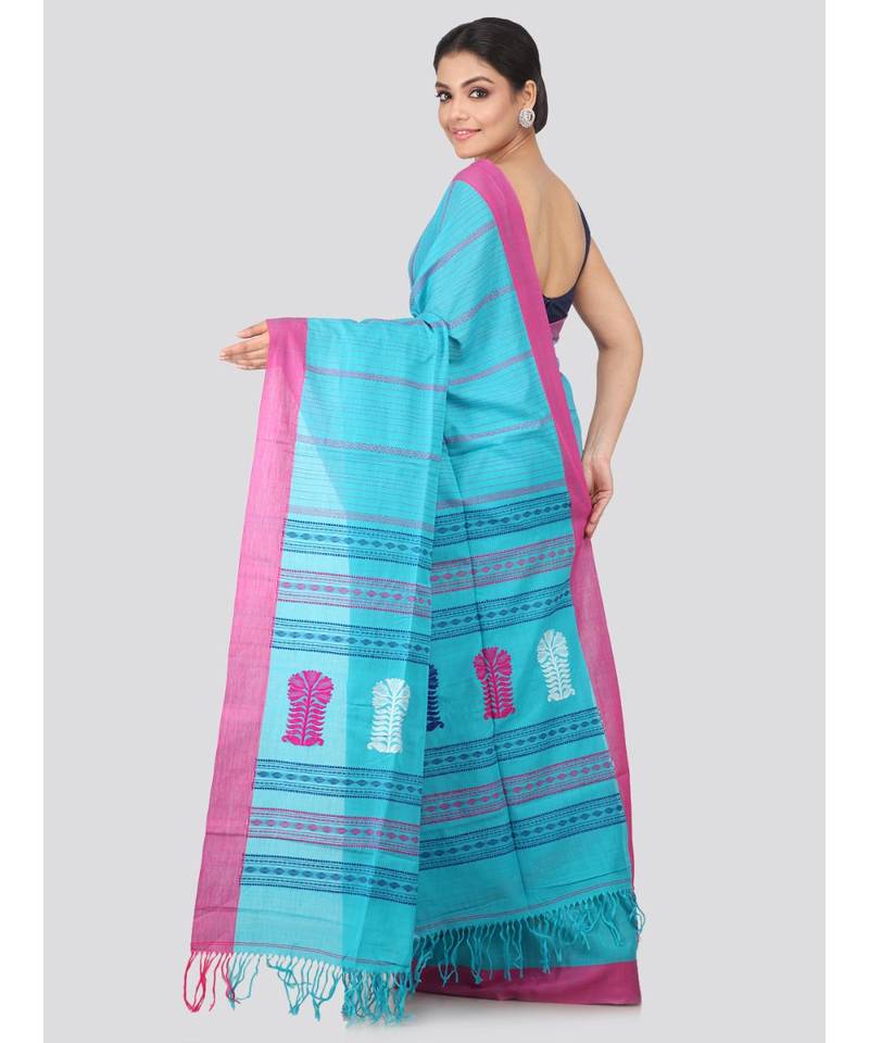 Blue cotton hand woven   saree