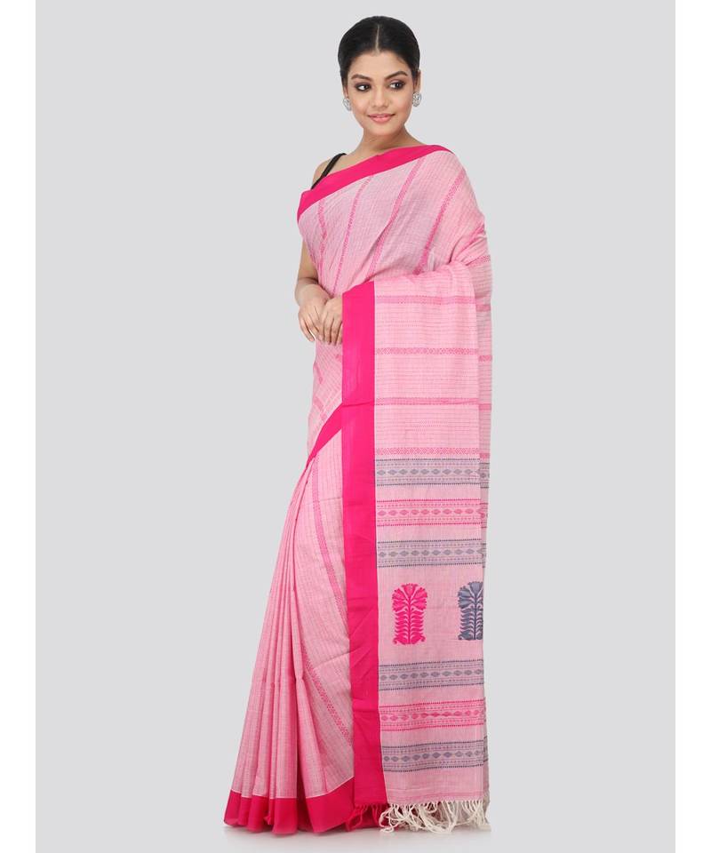Pink cotton hand woven   saree