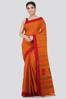 Brown cotton hand woven   saree