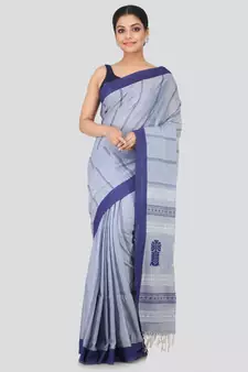 Grey cotton hand woven   saree
