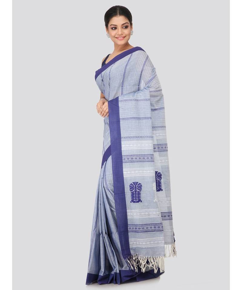 Grey cotton hand woven   saree