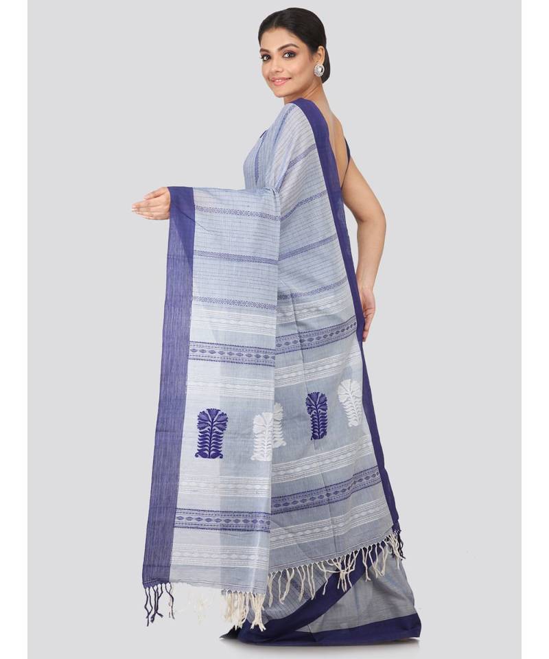 Grey cotton hand woven   saree