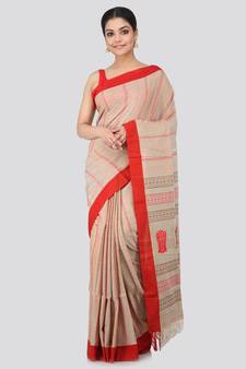 Beige cotton hand woven   saree