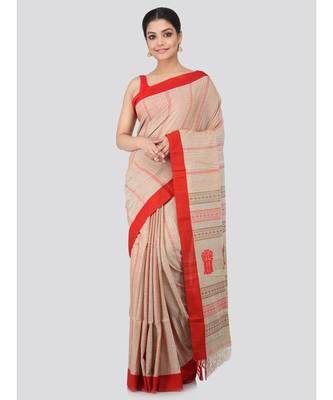 Beige cotton hand woven   saree 1