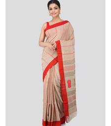 Beige cotton hand woven   saree