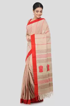 Beige cotton hand woven   saree