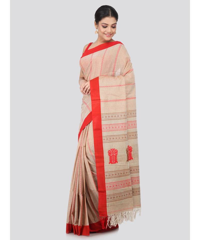 Beige cotton hand woven   saree