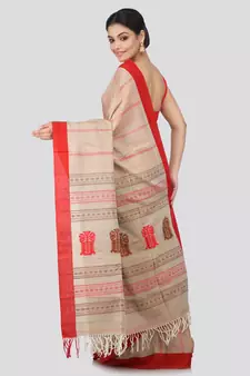 Beige cotton hand woven   saree