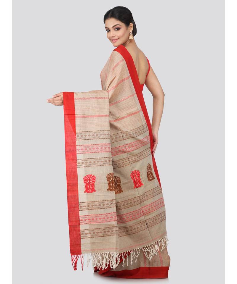 Beige cotton hand woven   saree
