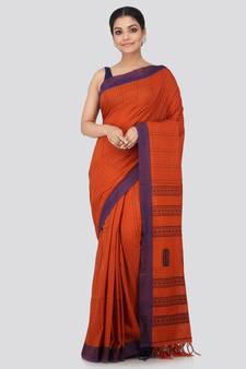Brown cotton hand woven   saree