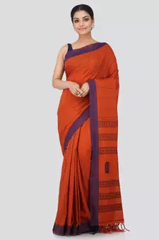 Brown cotton hand woven   saree