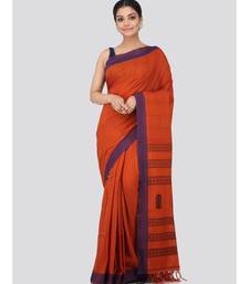 Brown cotton hand woven   saree