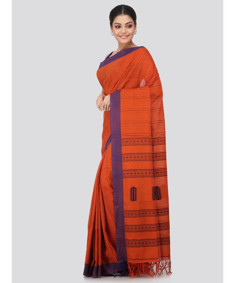 Brown cotton hand woven   saree