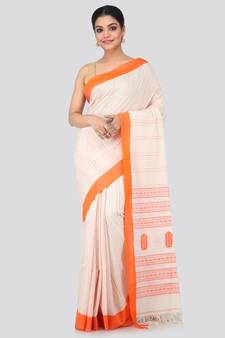 Beige cotton hand woven   saree
