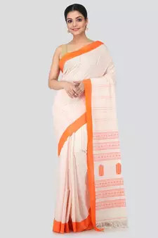 Beige cotton hand woven   saree