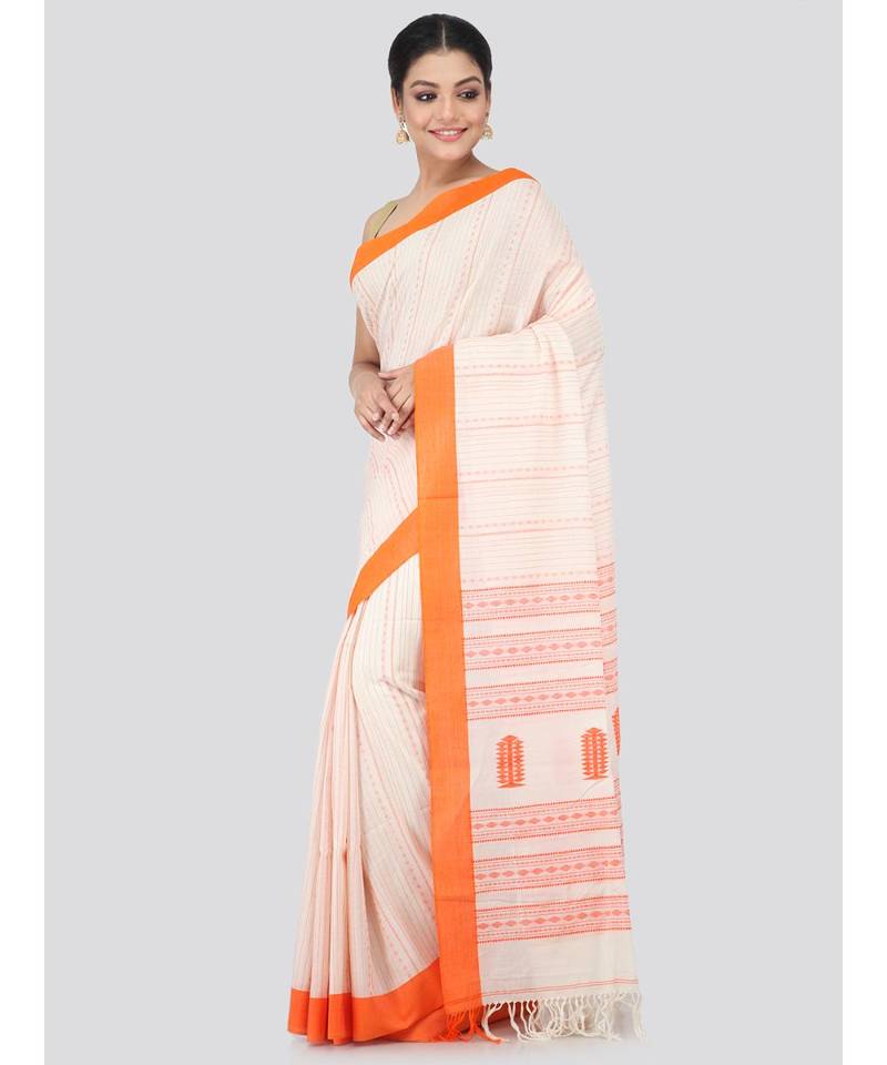 Beige cotton hand woven   saree