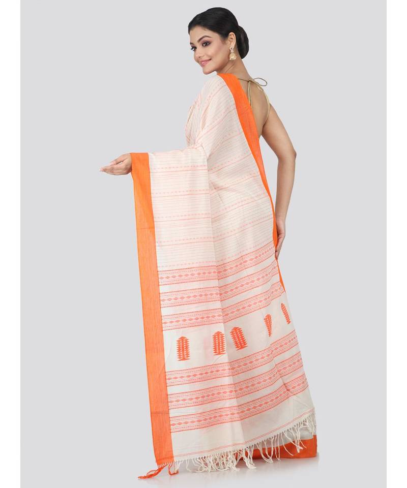 Beige cotton hand woven   saree