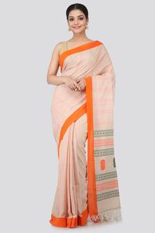 Beige cotton hand woven   saree